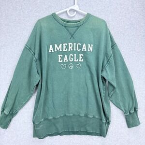 American Eagle Sweatshirt Women M Green Graphic Pullover Oversized Boho